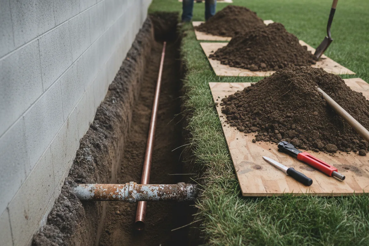 Excavated water line trench during Water Softener Installation in East Marion